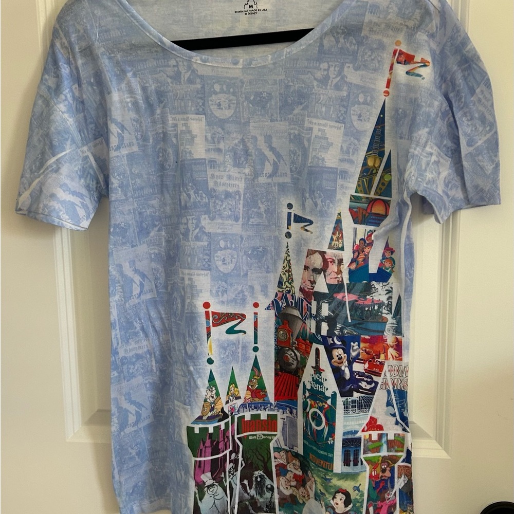 Disney Light Blue Short Sleeve Tee with Colorful Castle Collage